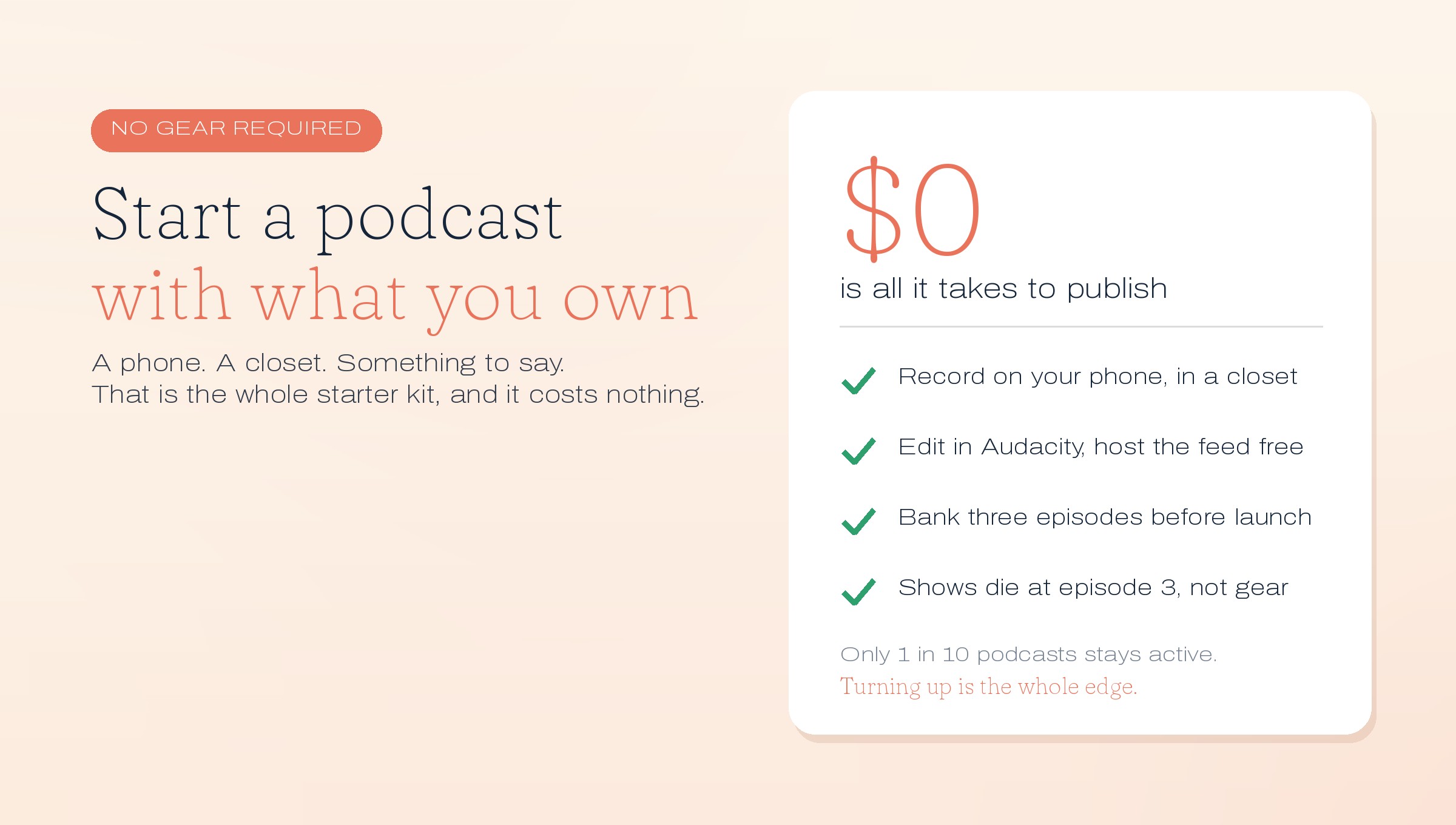 What it takes to start a podcast with no equipment: it costs $0 to publish, record on your phone in a closet, edit in Audacity and host the feed free, bank three episodes before launch, and remember shows die at episode 3 not from gear